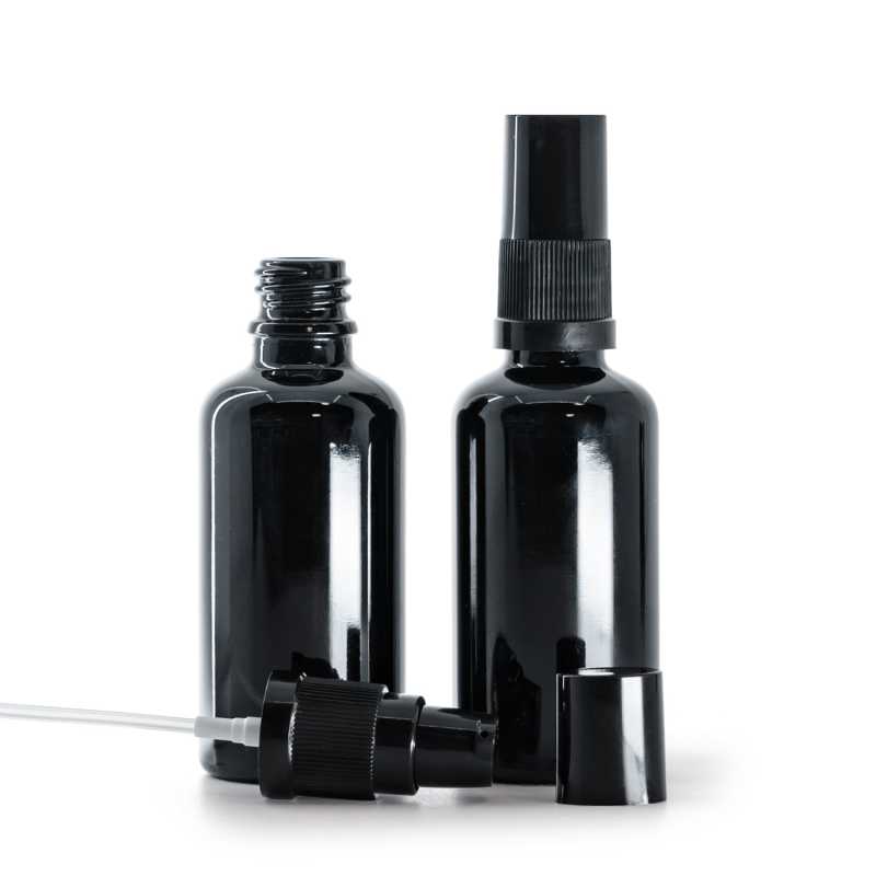 Envase de vidrio, negro brillante, dispensador de loción con tapón negro, 50 ml