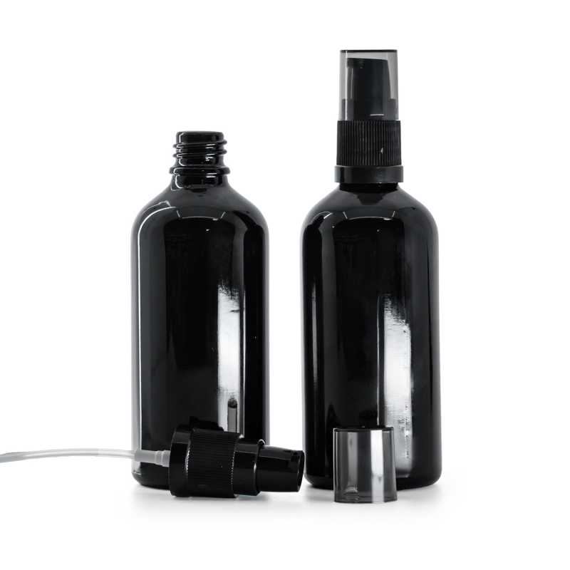 Frasco de vidrio negro brillante, bomba para loción con sobretapa ahumada, 100 ml