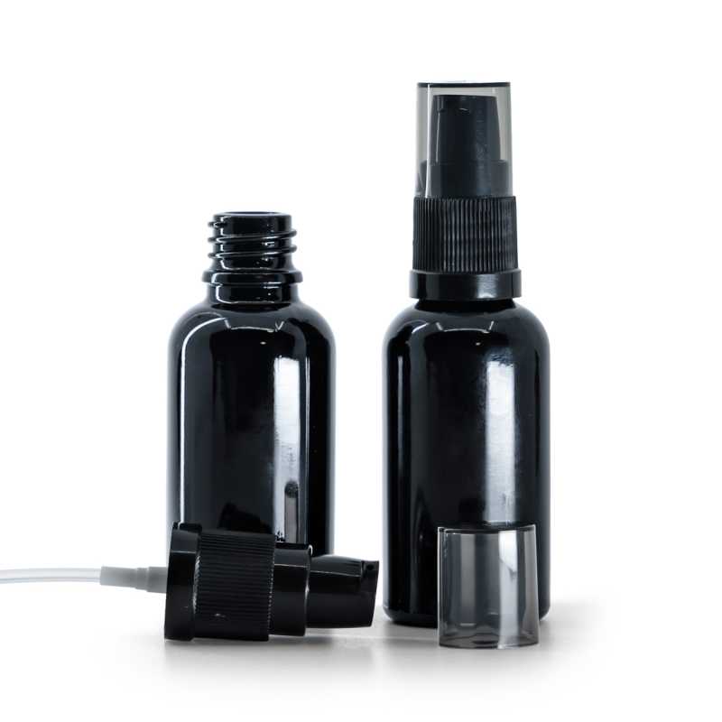 Frasco de vidrio negro brillante, dispensador de crema con sobretapa ahumada, 30 ml