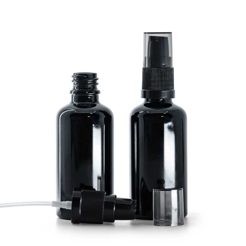 Frasco de vidrio negro brillante, bomba para loción con sobretapa ahumada, 50 ml