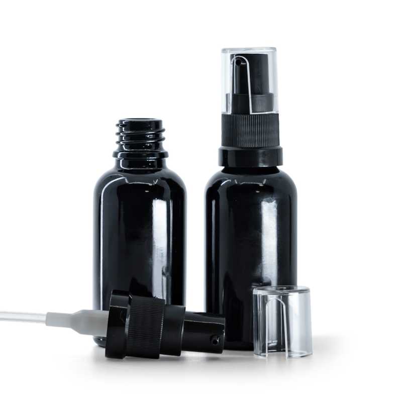 Botella de vidrio, negro brillante, bomba para aceite, 30 ml