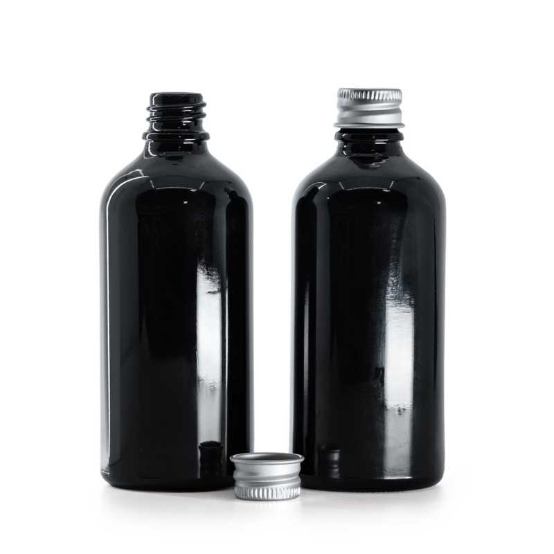 Frasco de vidrio, negro brillante, tapón de aluminio, 100 ml