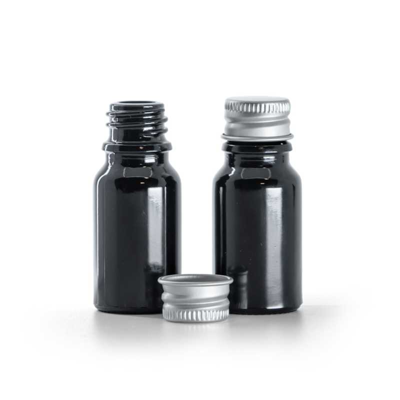 Frasco, vidrio, negro brillante, 10 ml, tapón de aluminio, plateado