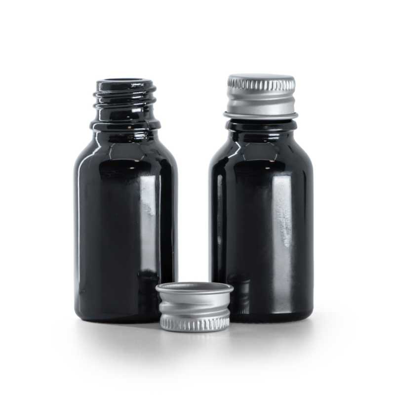 Frasco, vidrio, negro brillante, tapón de aluminio, 15 ml