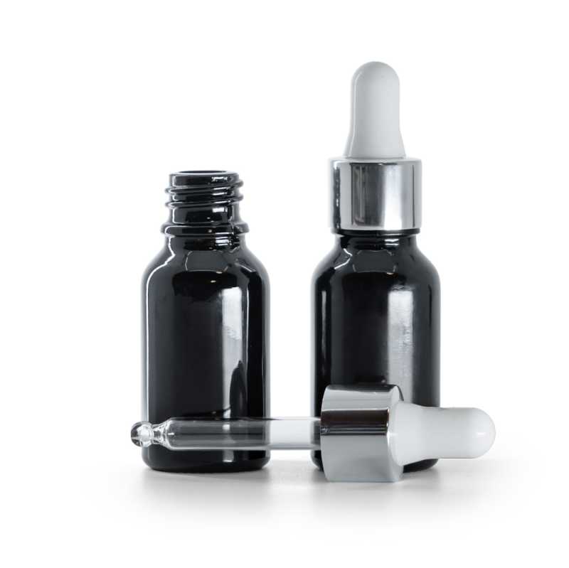 Botella de vidrio, negro brillante, cuentagotas plateado brillante, 15 ml