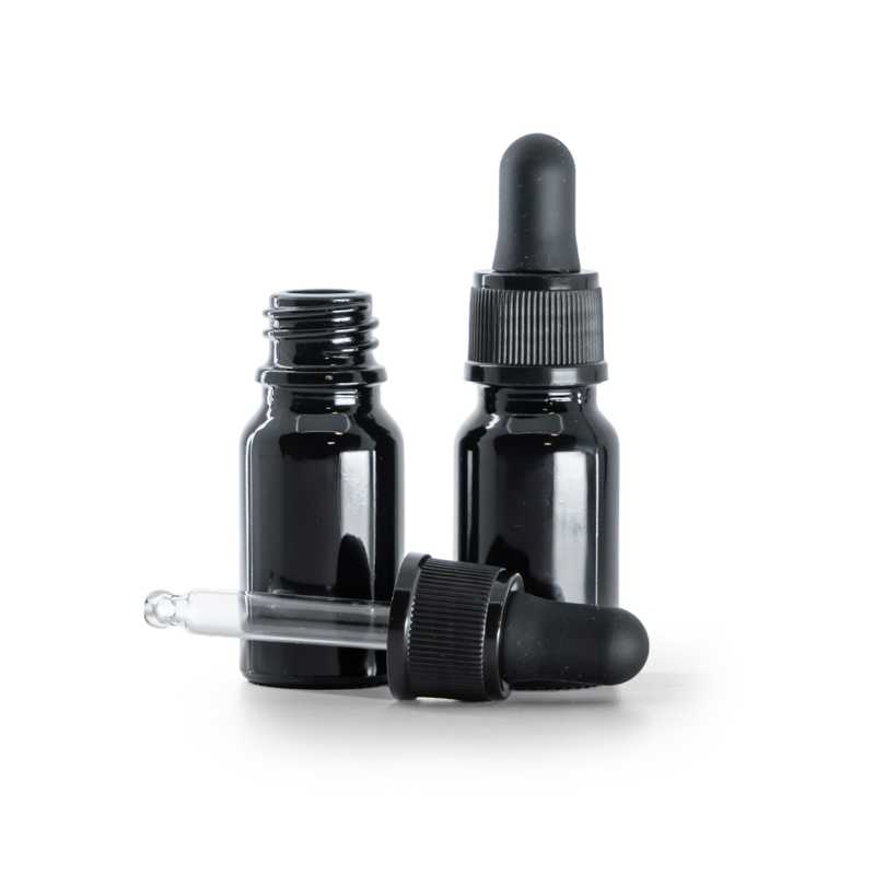 Frasco de vidrio, negro brillante, cuentagotas negro mate, 10 ml
