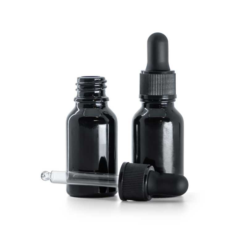 Frasco de vidrio, negro brillante, cuentagotas negro mate, 15 ml