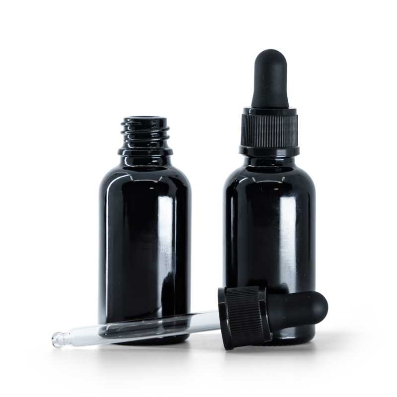 Frasco de vidrio, negro brillante, cuentagotas, negro mate, 30 ml