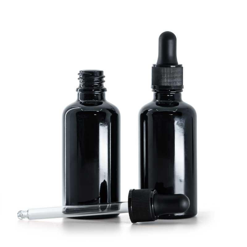 Botella de vidrio, negra, cuentagotas negro mate, 50 ml