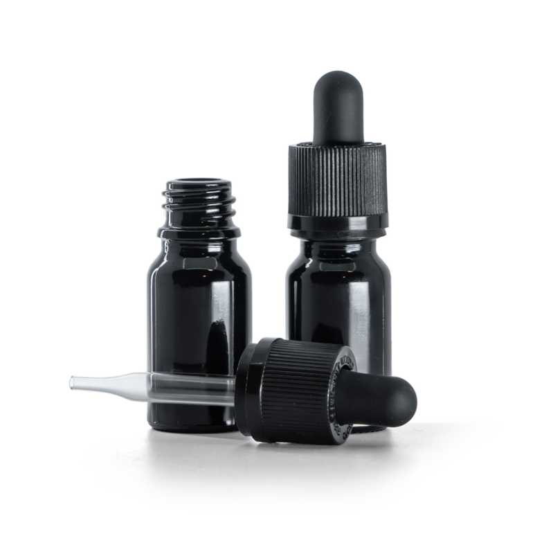 Frasco de vidrio, negro brillante, cuentagotas de seguridad inviolable, 10 ml