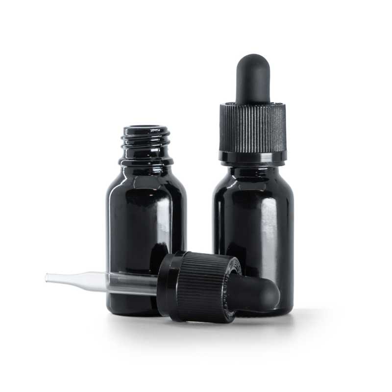 Frasco de vidrio, negro brillante, cuentagotas con tapón inviolable, 15 ml
