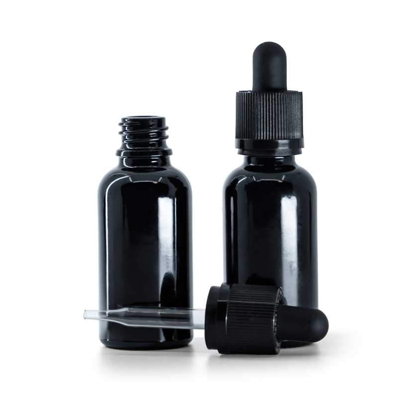 Frasco de vidrio, negro brillo, cuentagotas de seguridad inviolable, 30 ml