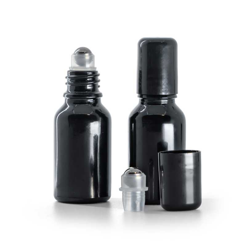Envase de vidrio, negro brillante, roll-on, 15 ml