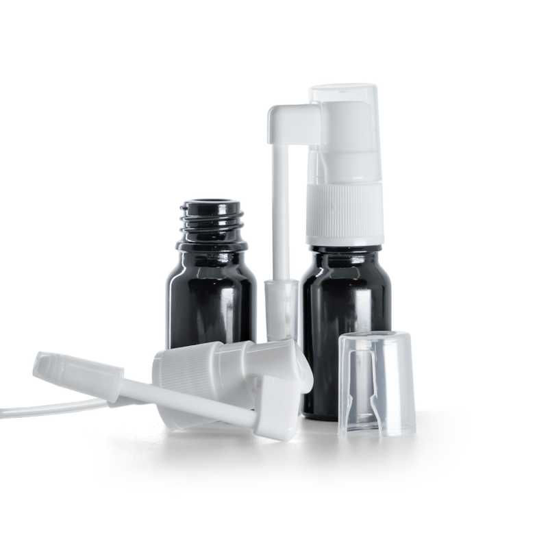 Frasco de vidrio, negro brillante, pulverizador bucal, 10 ml