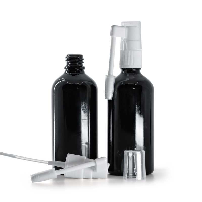 Botella de vidrio, negra brillante, pulverizador bucal, 100 ml