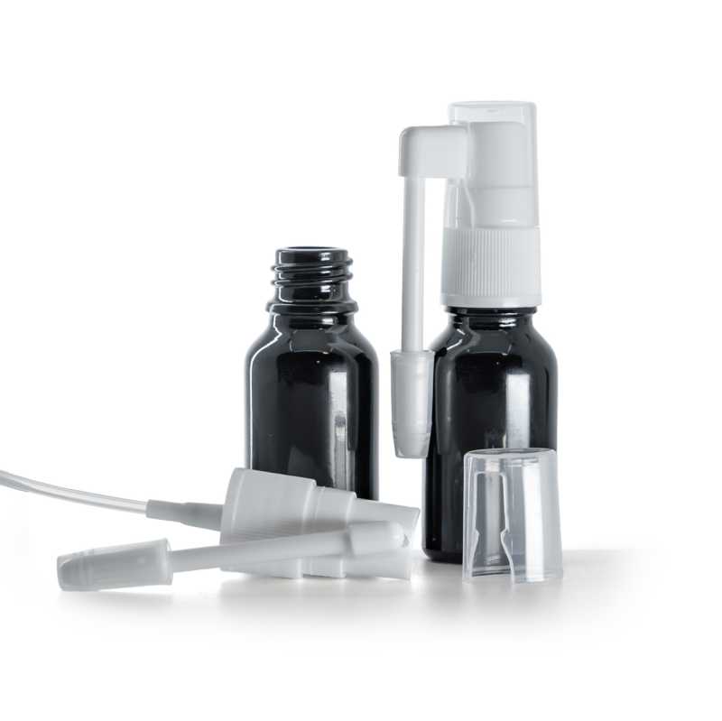 Frasco de vidrio, negro brillante, pulverizador bucal, 15 ml
