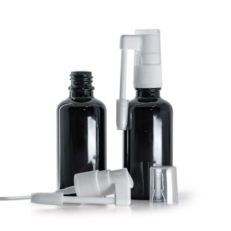 Botella de vidrio, negro brillante, pulverizador oral, 50 ml
