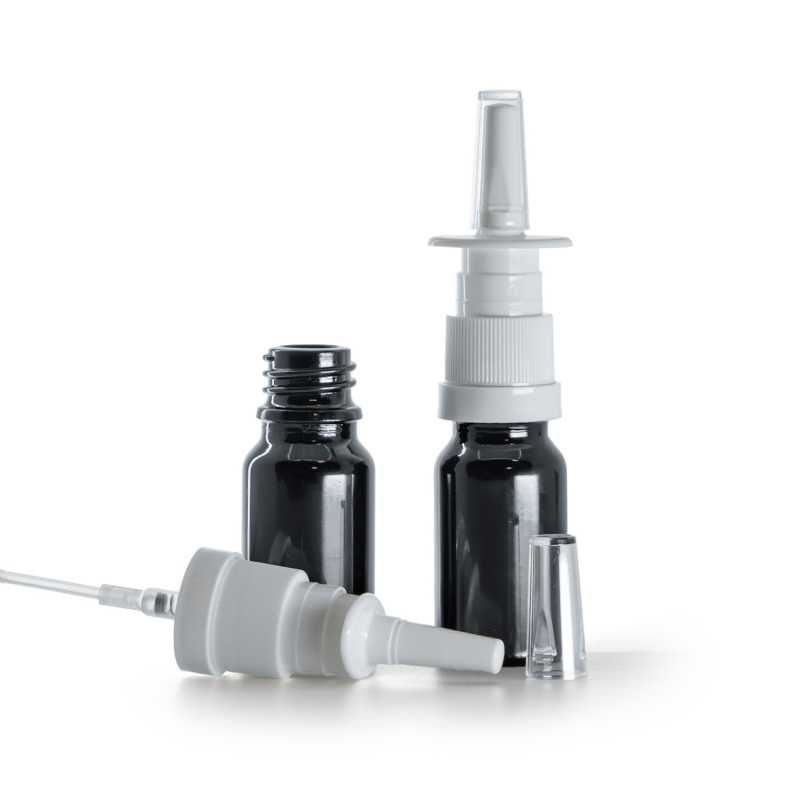 Botella de vidrio, negra brillante, pulverizador nasal, 10 ml