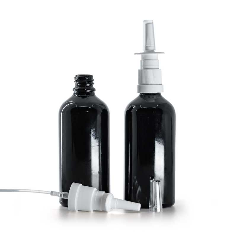 Botella de vidrio, negra brillante, pulverizador nasal, 100 ml