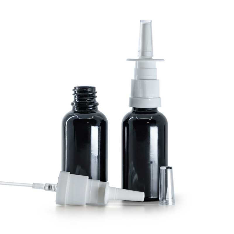 Botella de vidrio, negro brillante, pulverizador nasal, 30 ml