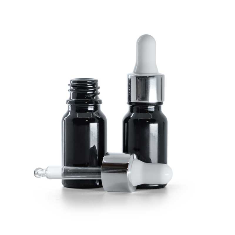 Frasco de vidrio, negro brillante, gotero plateado brillante, 10 ml