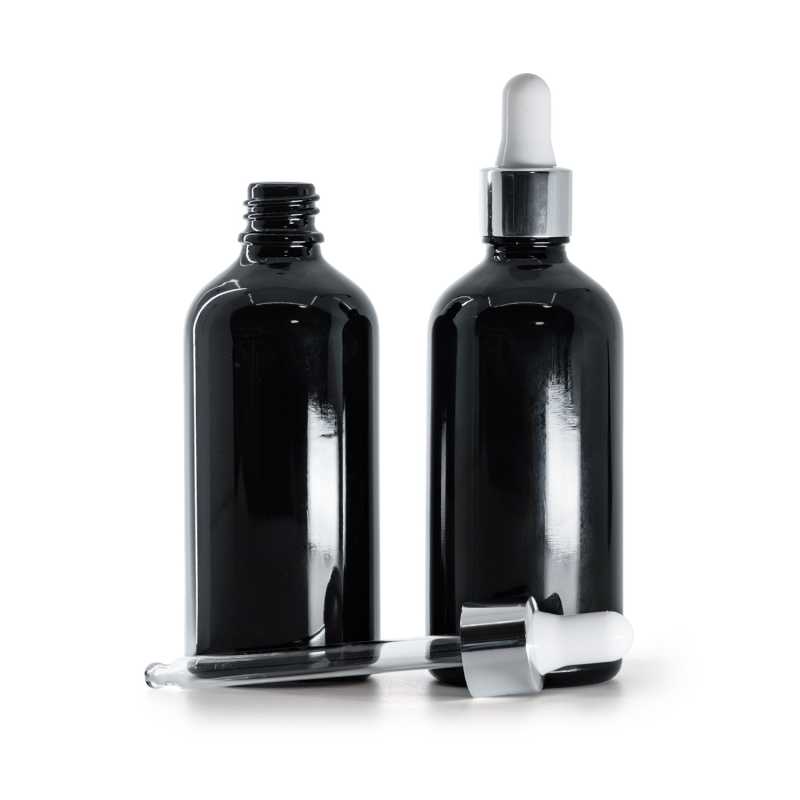 Frasco de vidrio, negro brillante, cuentagotas plateado brillante, 100 ml