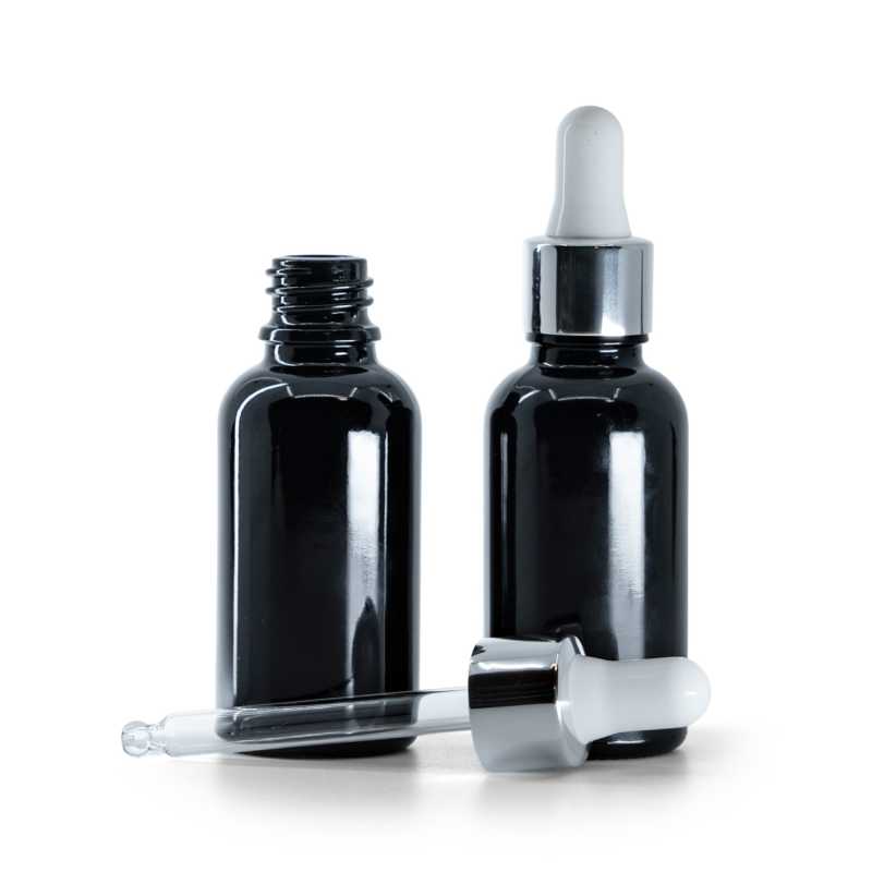Frasco de vidrio, negro brillante, cuentagotas plateado brillante, 30 ml