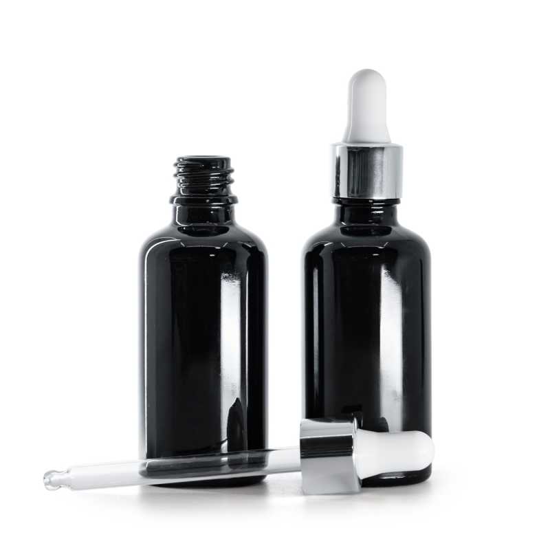 Frasco de vidrio, negro brillante, cuentagotas plateado brillante, 50 ml