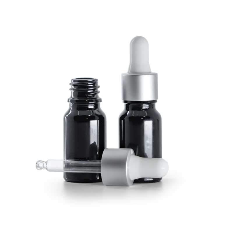 Frasco de vidrio, negro brillante, cuentagotas plateado mate, 10 ml