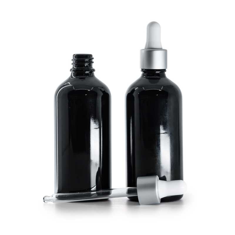 Botella de vidrio, negro brillante, cuentagotas plateado mate, 100 ml