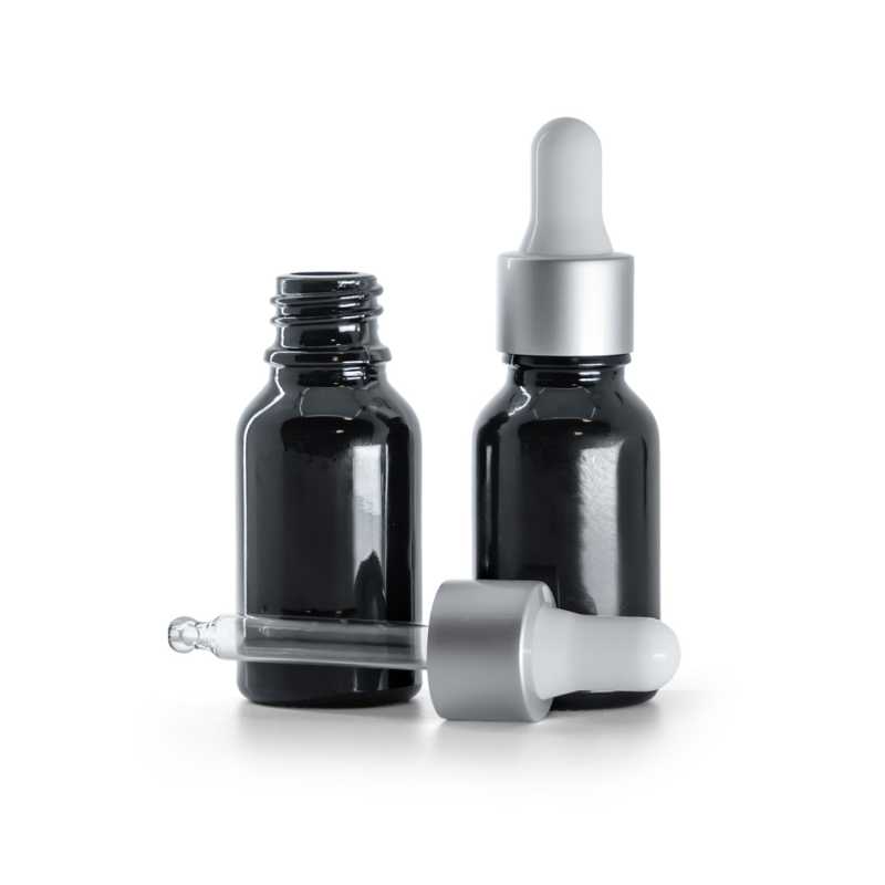 Frasco de vidrio, negro brillante, cuentagotas mate plateado, 15 ml