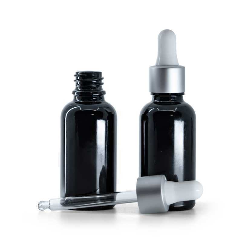 Botella de vidrio, negra brillante, cuentagotas plateado mate, 30 ml