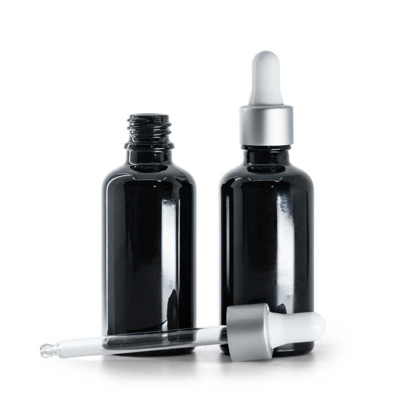 Botella de vidrio, negro brillante, cuentagotas mate plateado, 50 ml