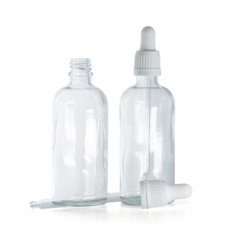 Frasco de vidrio, transparente, cuentagotas blanco, 100 ml