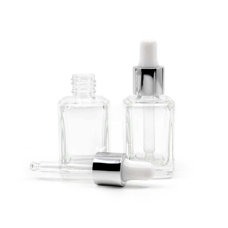Frasco de vidrio cuadrado, transparente, cuentagotas plateado blanco brillante, 10 ml