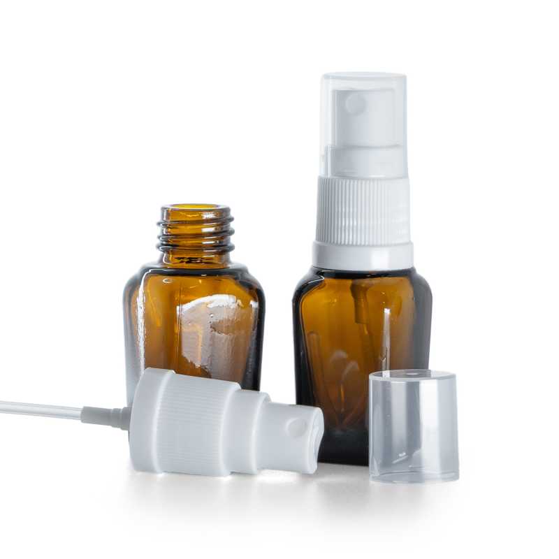 Botella de vidrio ámbar cuadrada, pulverizador blanco, 10 ml