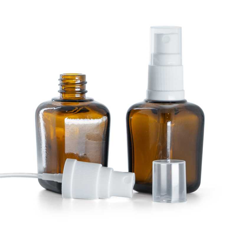 Botella de vidrio cuadrada, pulverizador, blanco, 30 ml