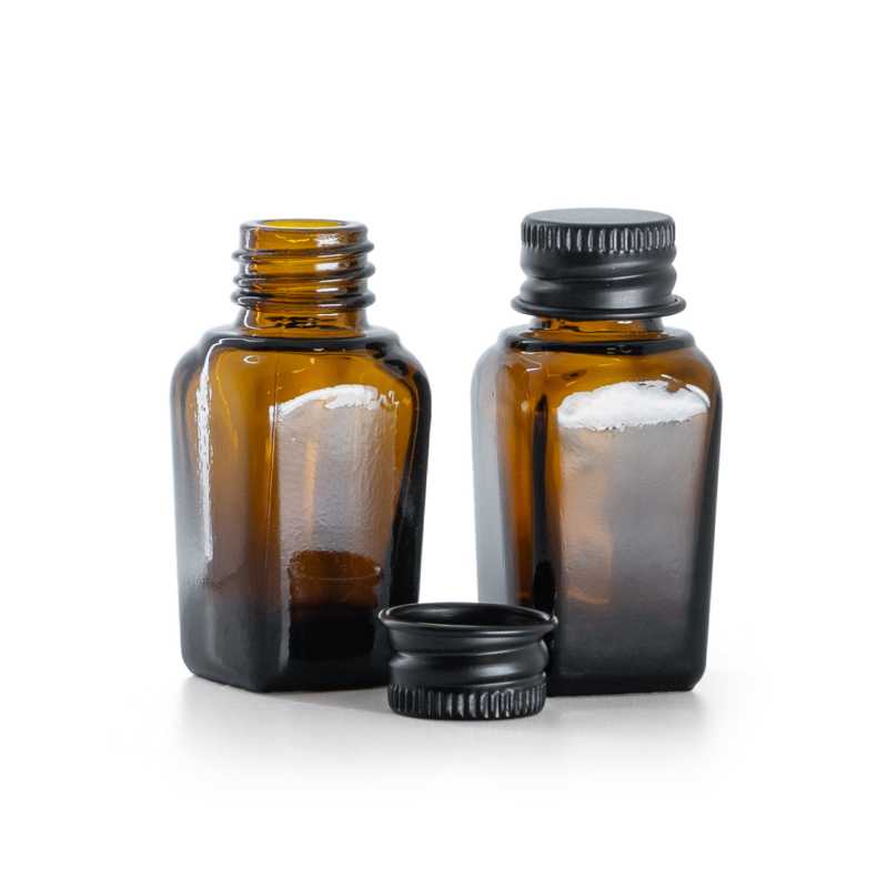 Frasco de vidrio, cuadrado, ámbar, tapón de aluminio negro, 10 ml