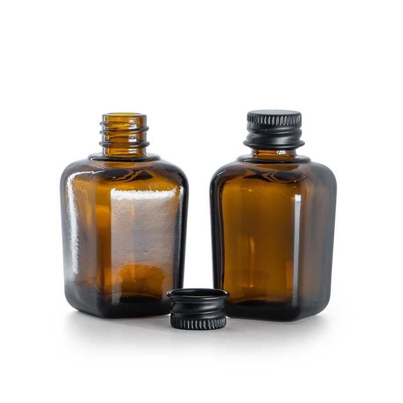 Frasco de vidrio ámbar cuadrado, tapón de aluminio negro, 30 ml