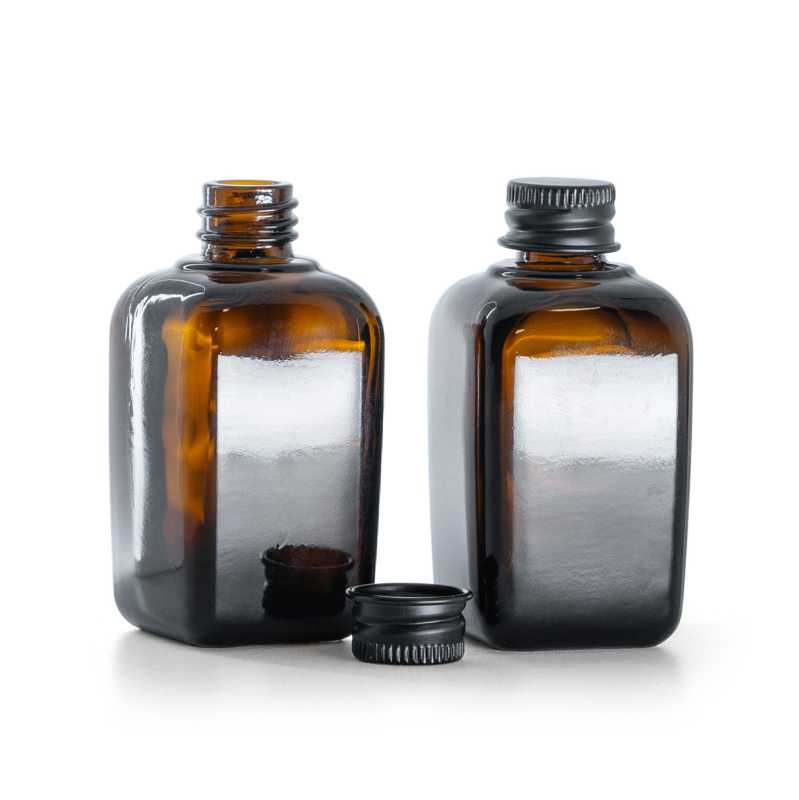 Frasco de vidrio ámbar, cuadrado, tapón de aluminio negro, 45 ml