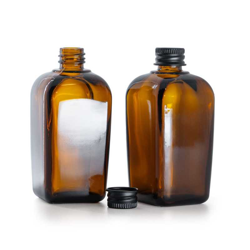 Botella de vidrio cuadrada, aluminio negro tapón, 90 ml