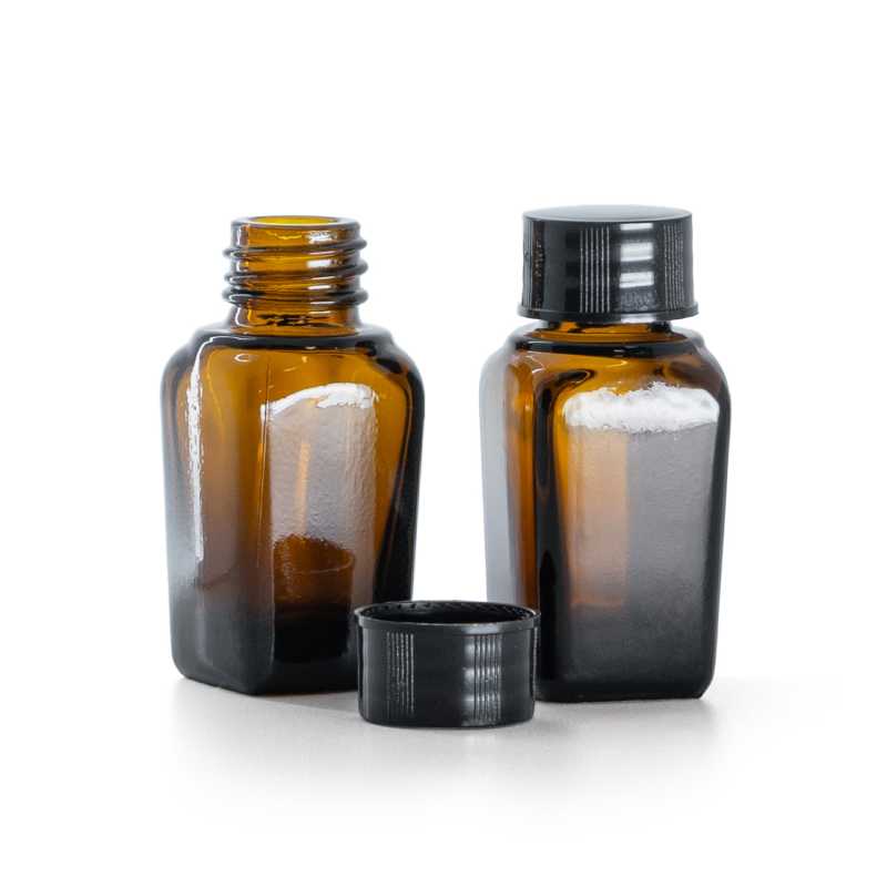 Botella de vidrio ámbar cuadrada, tapón negro, 10 ml