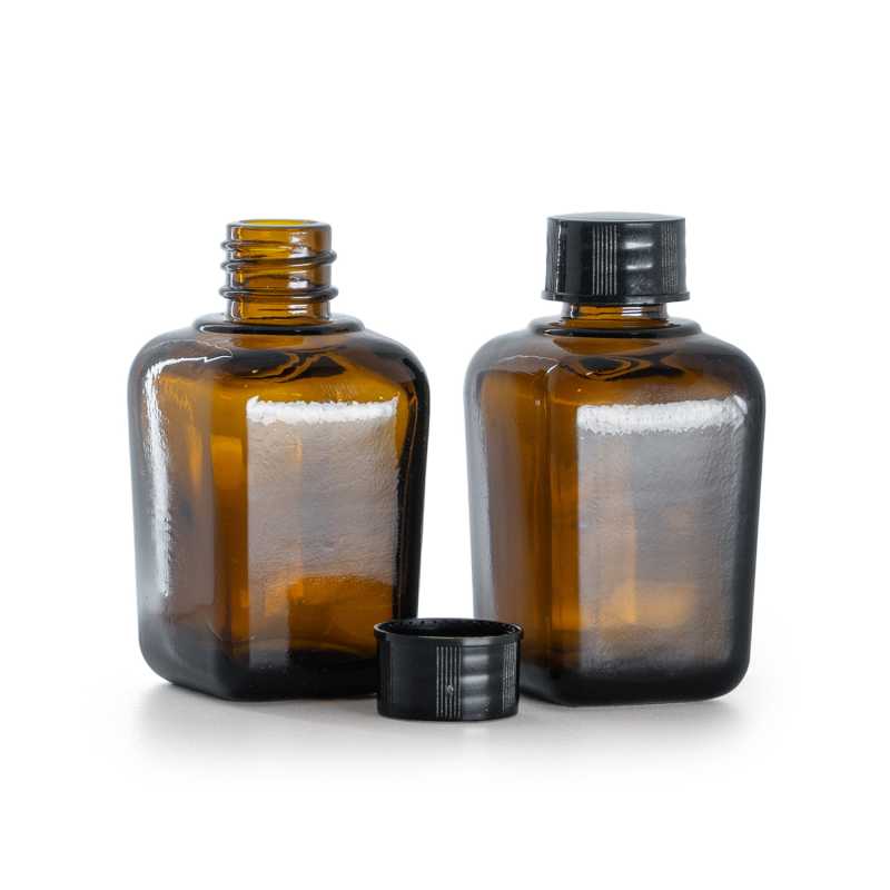 Frasco de vidrio, cuadrado, ámbar, tapón negro, 30 ml