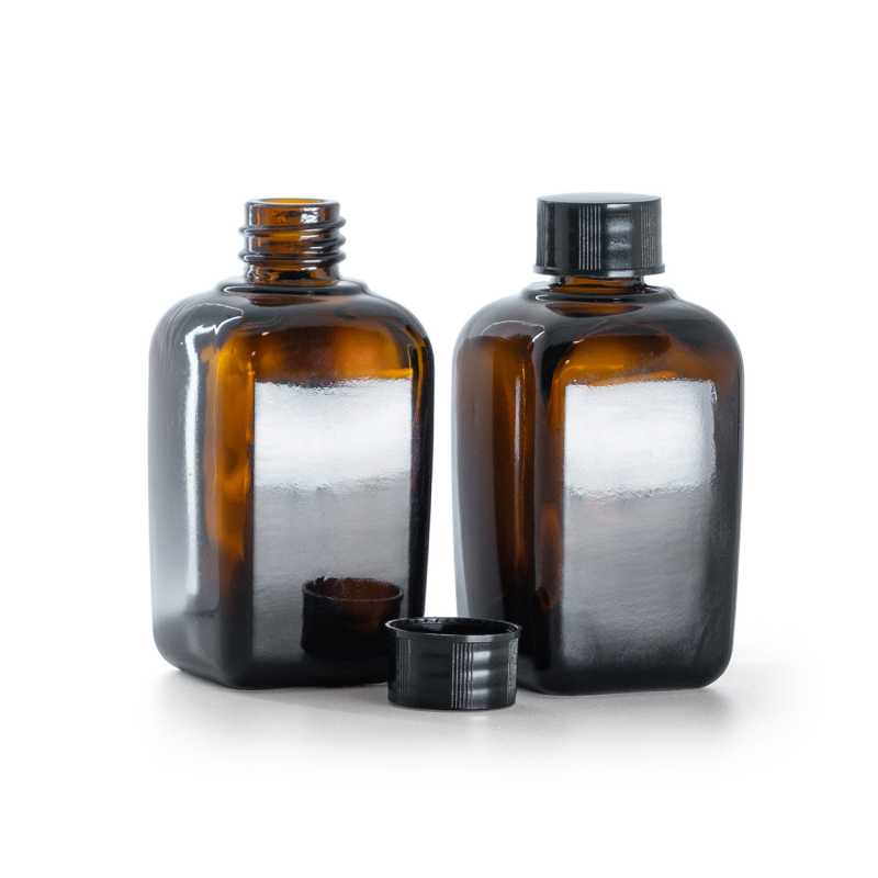 Frasco de vidrio, cuadrado, ámbar, tapa negra, 45 ml