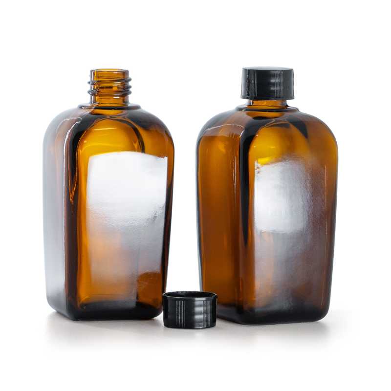 Frasco de vidrio ámbar cuadrado, tapón negro, 90 ml