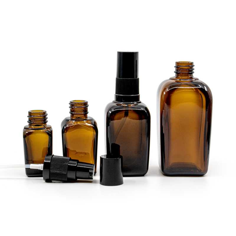 Botella de vidrio ámbar cuadrada, dispensador de loción negro, tapón negro, 20 ml