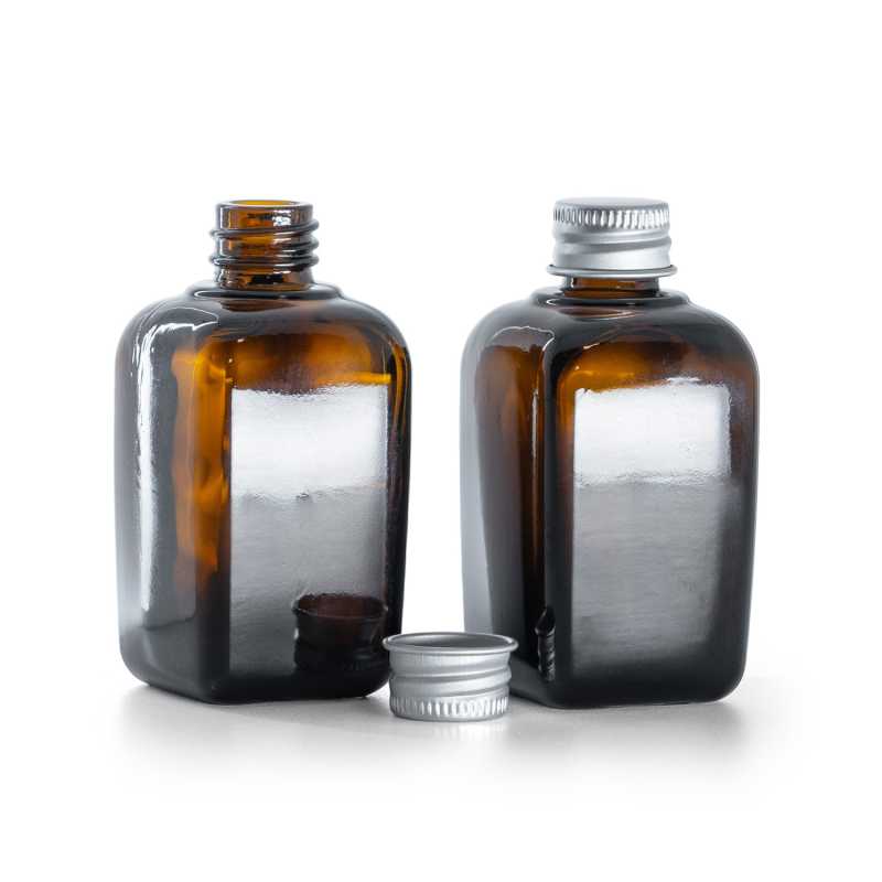 Frasco de vidrio ámbar cuadrado, tapón de aluminio plateado, 45 ml