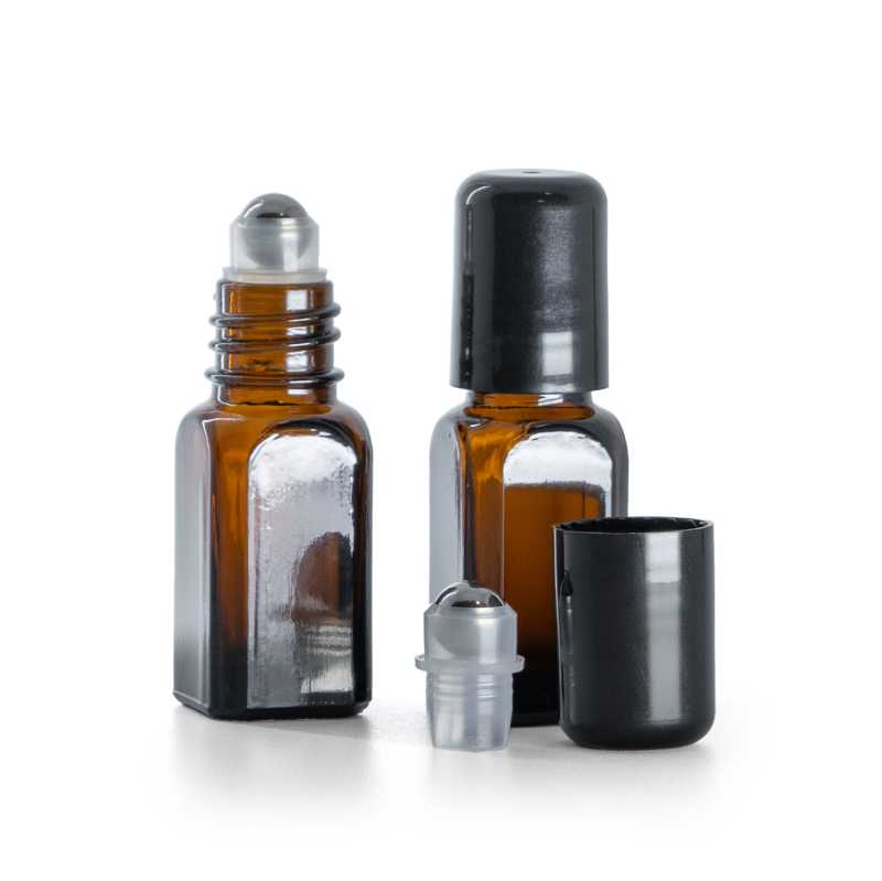 Frasco de vidrio ámbar cuadrado con roll-on, 10 ml