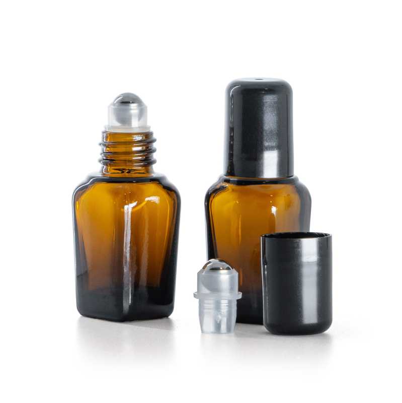 Frasco de vidrio ámbar cuadrado con aplicador roll-on, 10 ml