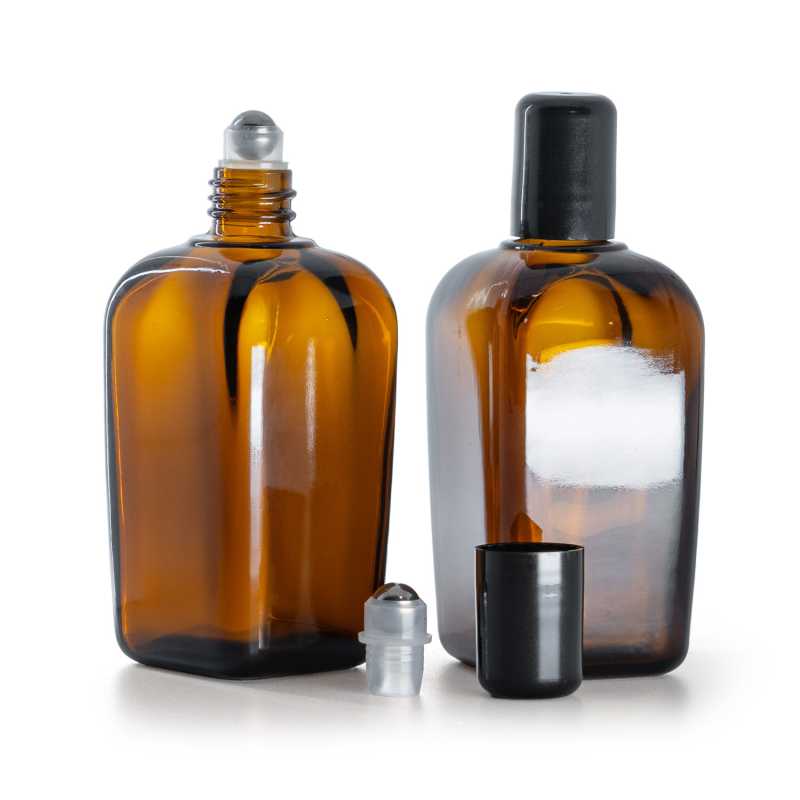 Frasco de vidrio cuadrado con roll-on, ámbar, 90 ml